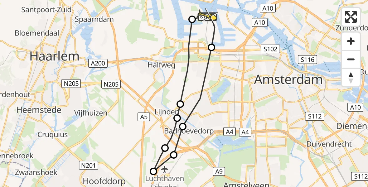 Routekaart van de vlucht: Lifeliner 1 naar Amsterdam Heliport, Maltaweg