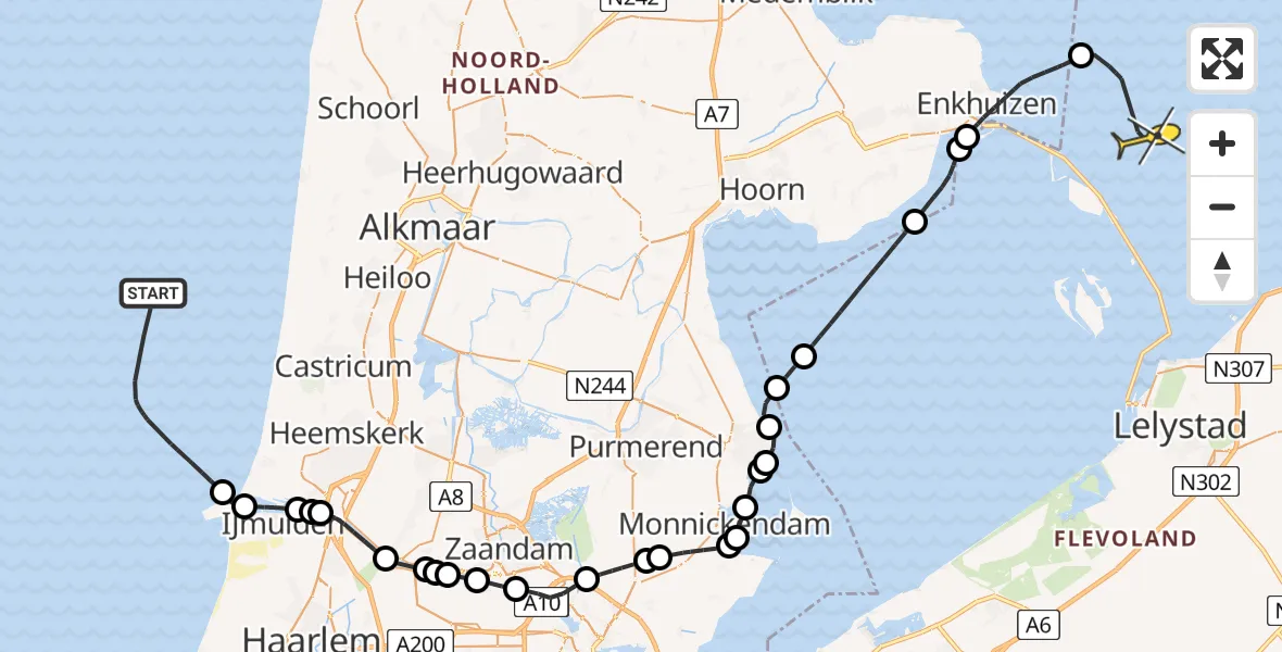 Routekaart van de vlucht: Kustwachthelikopter naar Urk
