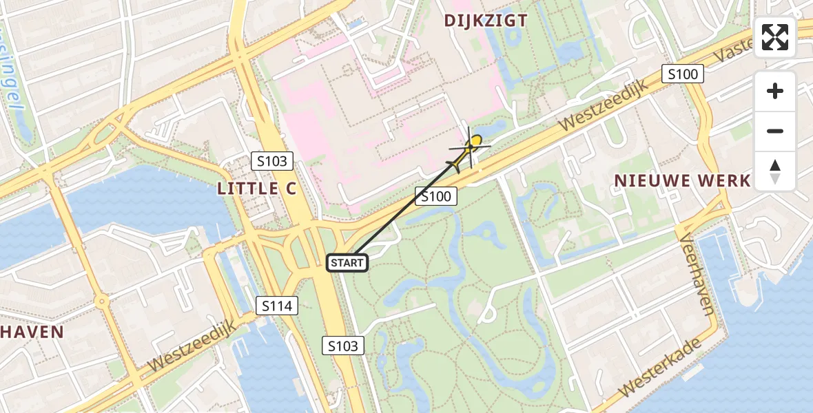 Routekaart van de vlucht: Lifeliner 2 naar Erasmus MC, Westzeedijk