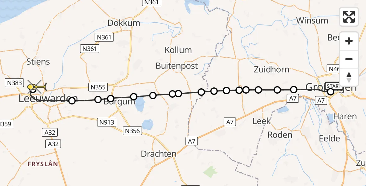 Routekaart van de vlucht: Lifeliner 4 naar Vliegbasis Leeuwarden, Griffeweg