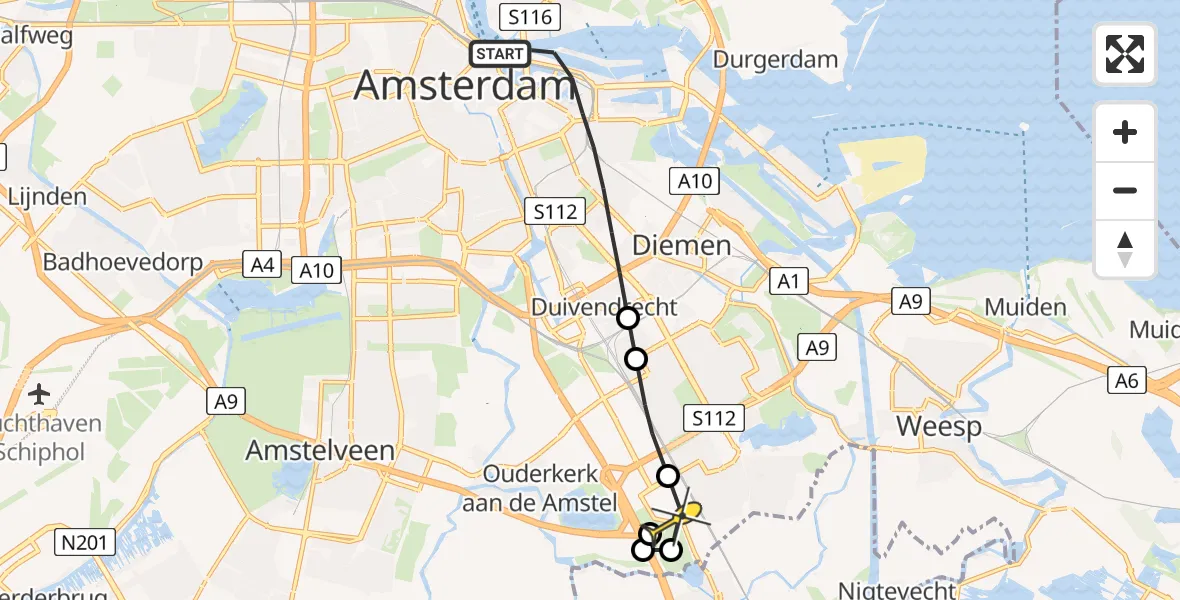 Routekaart van de vlucht: Lifeliner 1 naar Academisch Medisch Centrum (AMC), Javakade