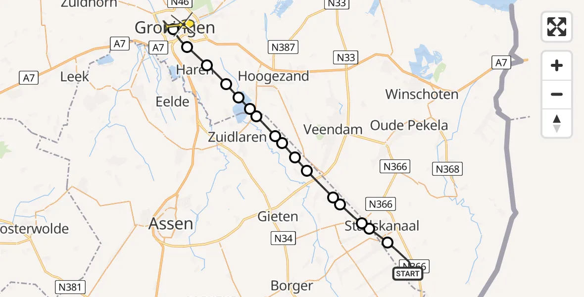 Routekaart van de vlucht: Lifeliner 4 naar Universitair Medisch Centrum Groningen, Horsten