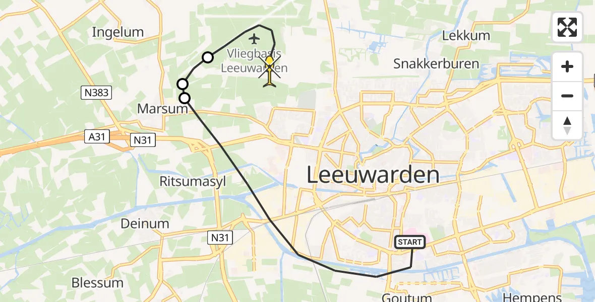 Routekaart van de vlucht: Ambulancehelikopter naar Vliegbasis Leeuwarden, Boksumerdyk