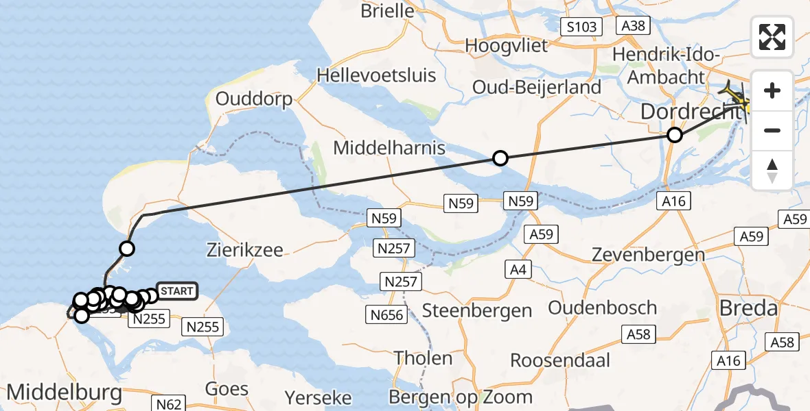 Routekaart van de vlucht: Politieheli naar Dordrecht, Emelissedijk
