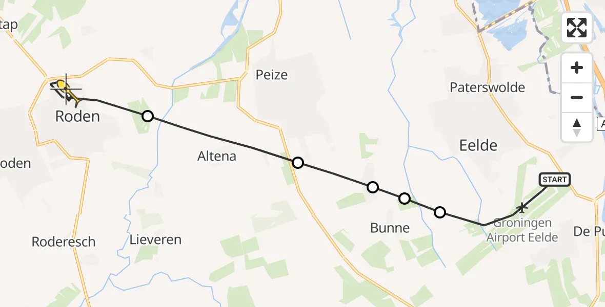 Routekaart van de vlucht: Lifeliner 4 naar Roden, Veldkampweg