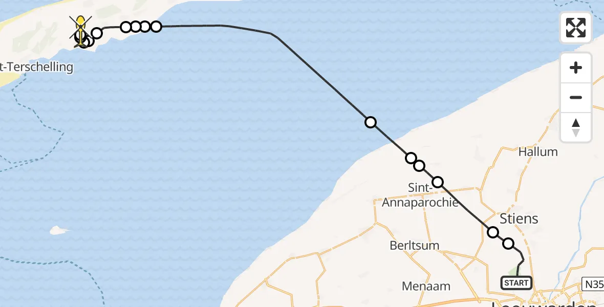 Routekaart van de vlucht: Ambulancehelikopter naar Midsland, Keegsdijkje
