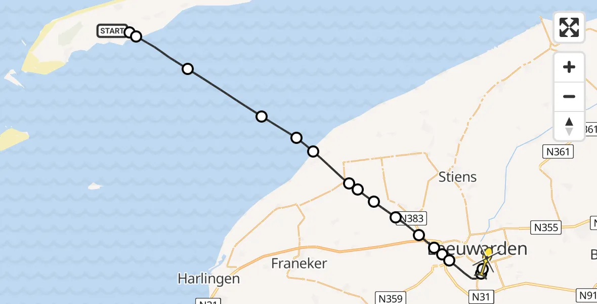 Routekaart van de vlucht: Ambulanceheli naar Leeuwarden, Midslander Hoofdweg