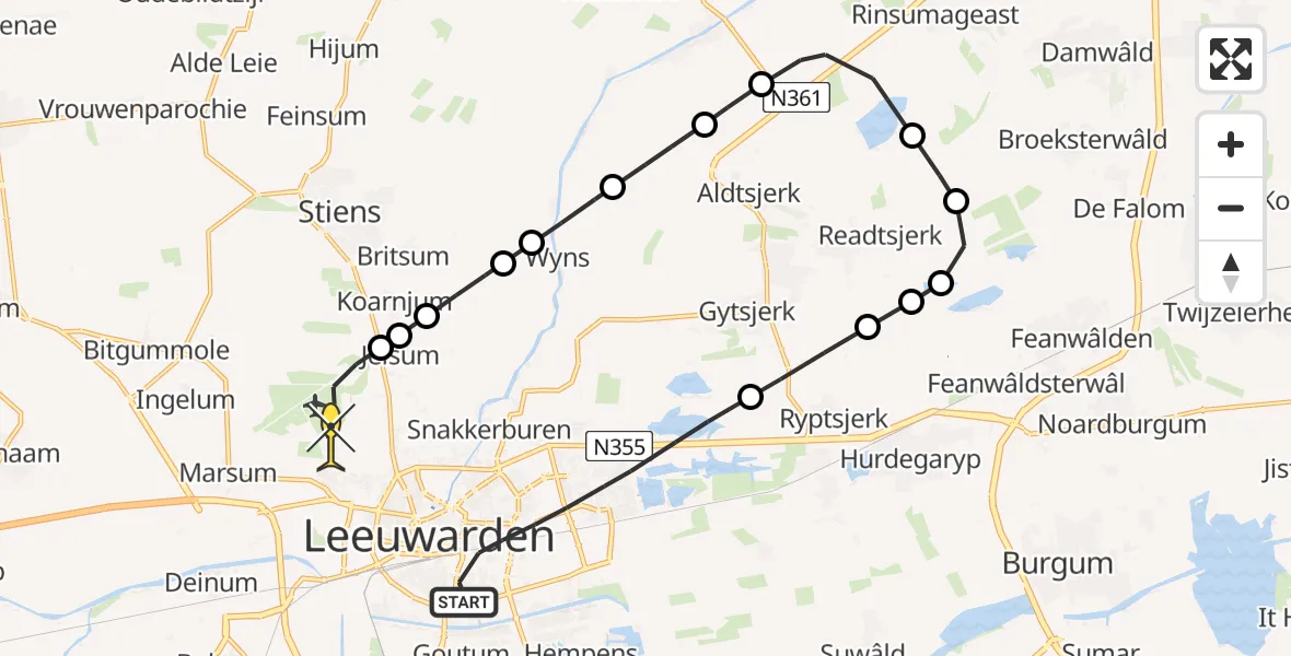 Routekaart van de vlucht: Ambulanceheli naar Vliegbasis Leeuwarden, Vegelinstraat