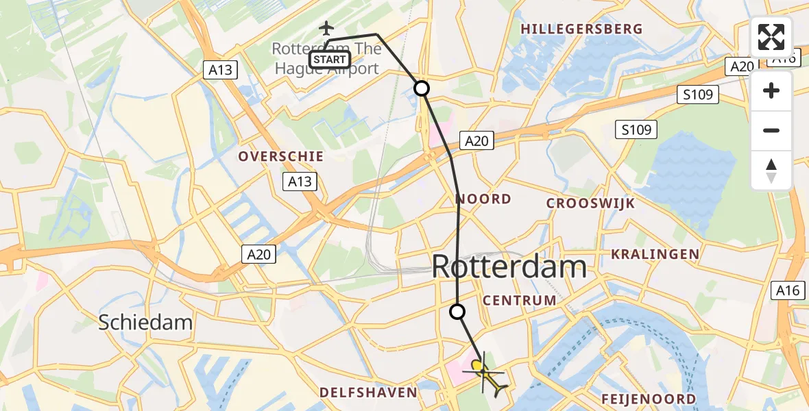 Routekaart van de vlucht: Lifeliner 1 naar Erasmus MC, Overschiese Kleiweg