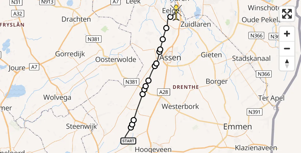Routekaart van de vlucht: Lifeliner 4 naar Groningen Airport Eelde, Ronde Hoek