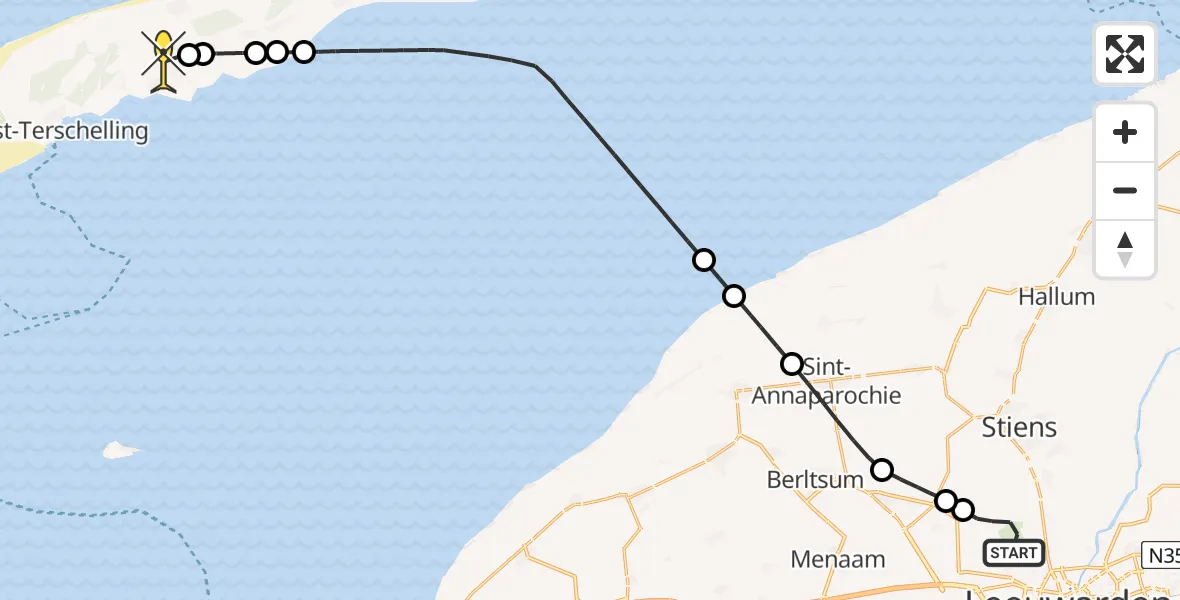 Routekaart van de vlucht: Ambulancehelikopter naar Midsland, Keegsdijkje