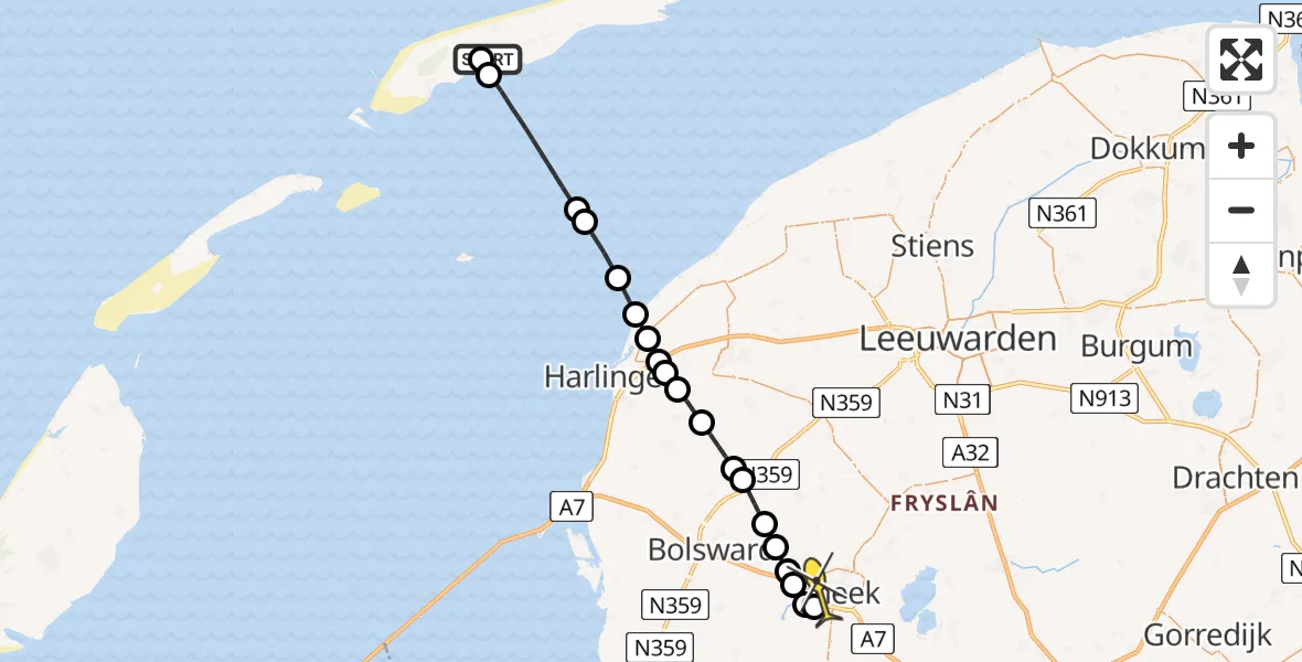 Routekaart van de vlucht: Ambulanceheli naar Sneek, Kinnum