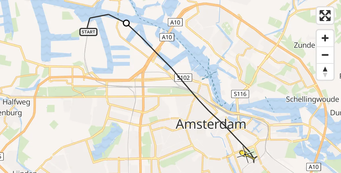 Routekaart van de vlucht: Lifeliner 1 naar Amsterdam, Stadsstrand Kanaal Noord