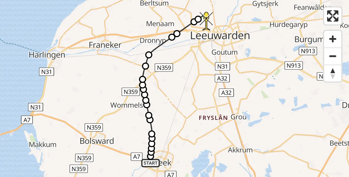 Routekaart van de vlucht: Ambulancehelikopter naar Vliegbasis Leeuwarden, Kleasterwei