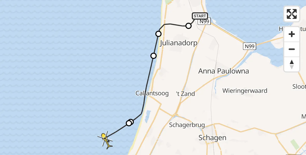 Routekaart van de vlucht: Kustwachthelikopter naar Middenvliet