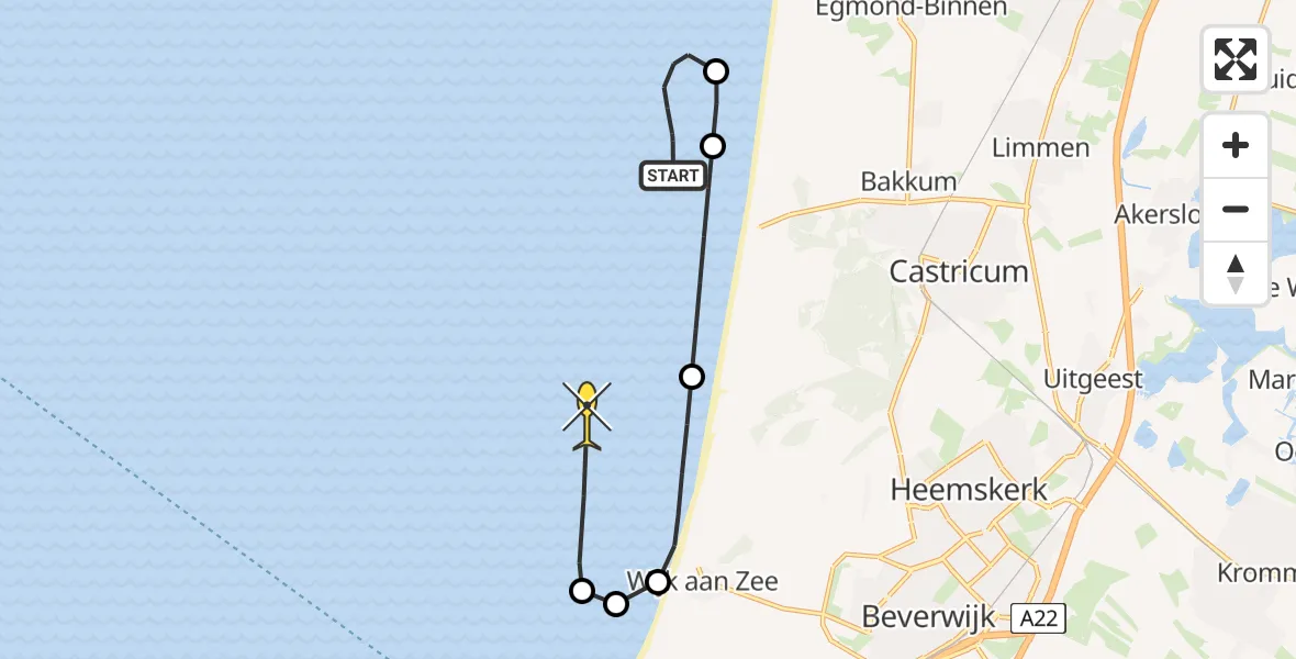 Routekaart van de vlucht: Kustwachthelikopter naar Reyndersweg
