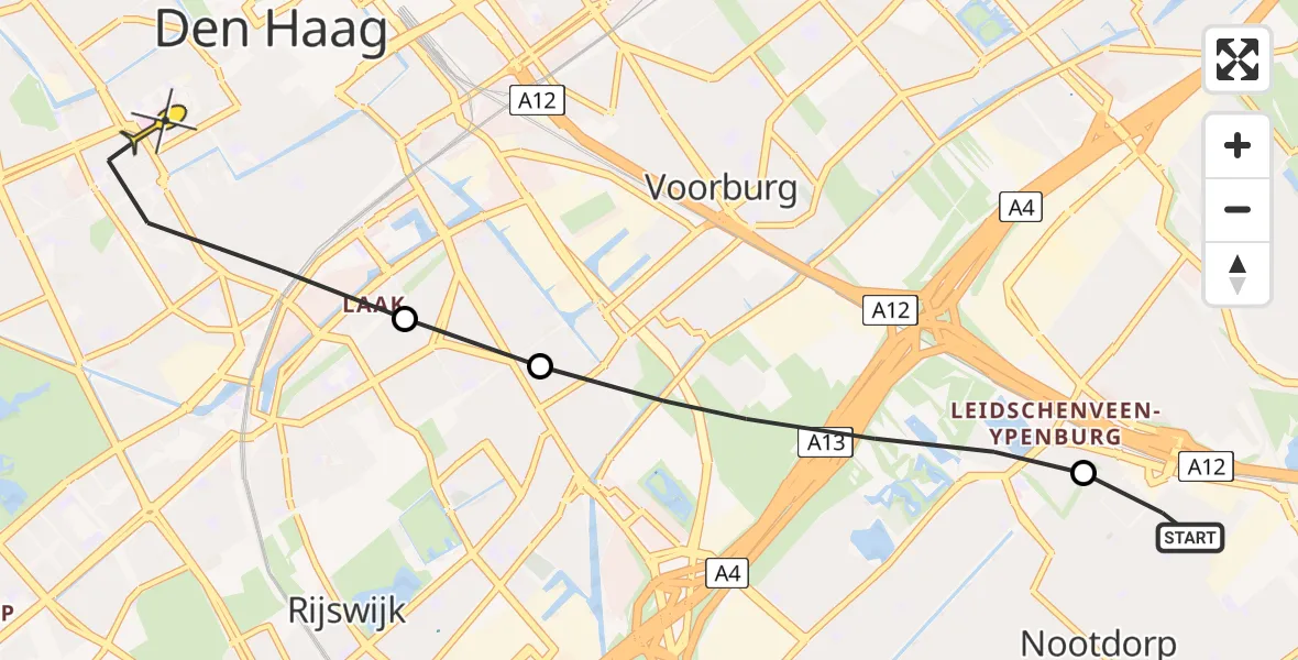 Routekaart van de vlucht: Lifeliner 2 naar Den Haag, Dagpauwooglaan
