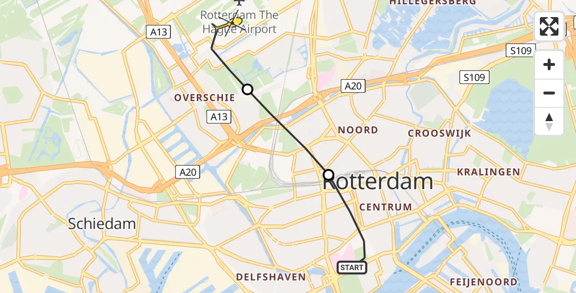 Routekaart van de vlucht: Lifeliner 2 naar Rotterdam The Hague Airport, Gouvernedwarsstraat