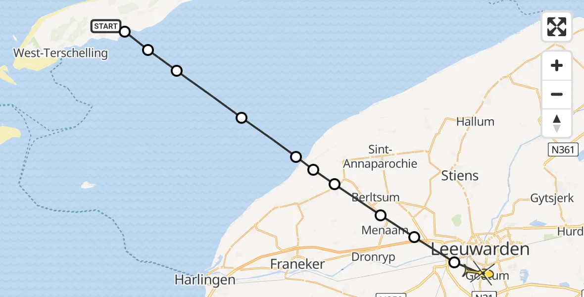 Routekaart van de vlucht: Ambulanceheli naar Leeuwarden, Terpweg