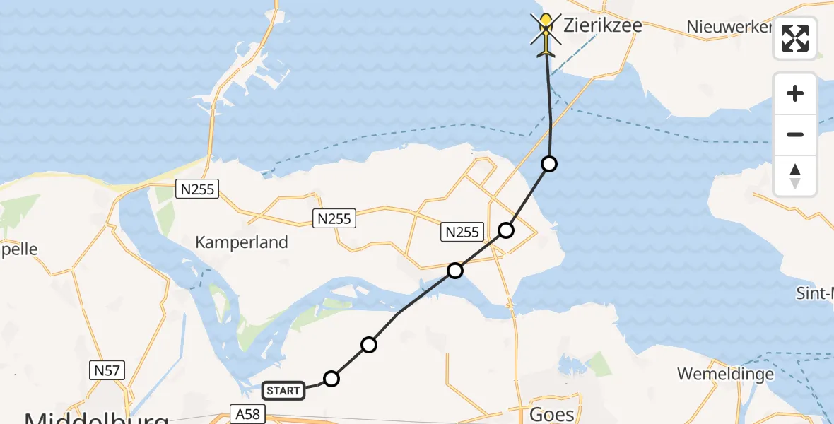 Routekaart van de vlucht: Kustwachthelikopter naar Zierikzee, Meerkoetweg