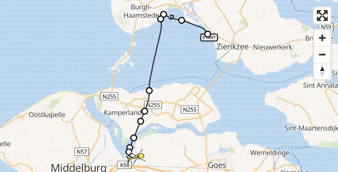Routekaart van de vlucht: Kustwachthelikopter naar Vliegveld Midden-Zeeland, Wilhelminaweg