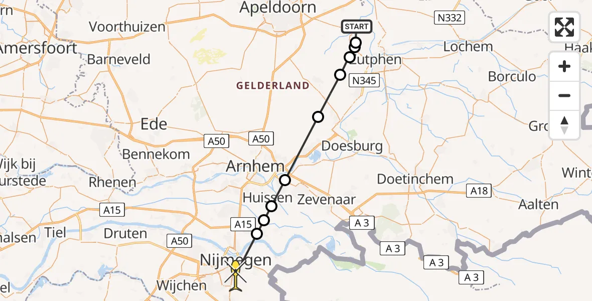 Routekaart van de vlucht: Lifeliner 3 naar Radboud Universitair Medisch Centrum, Sloot Keizershof
