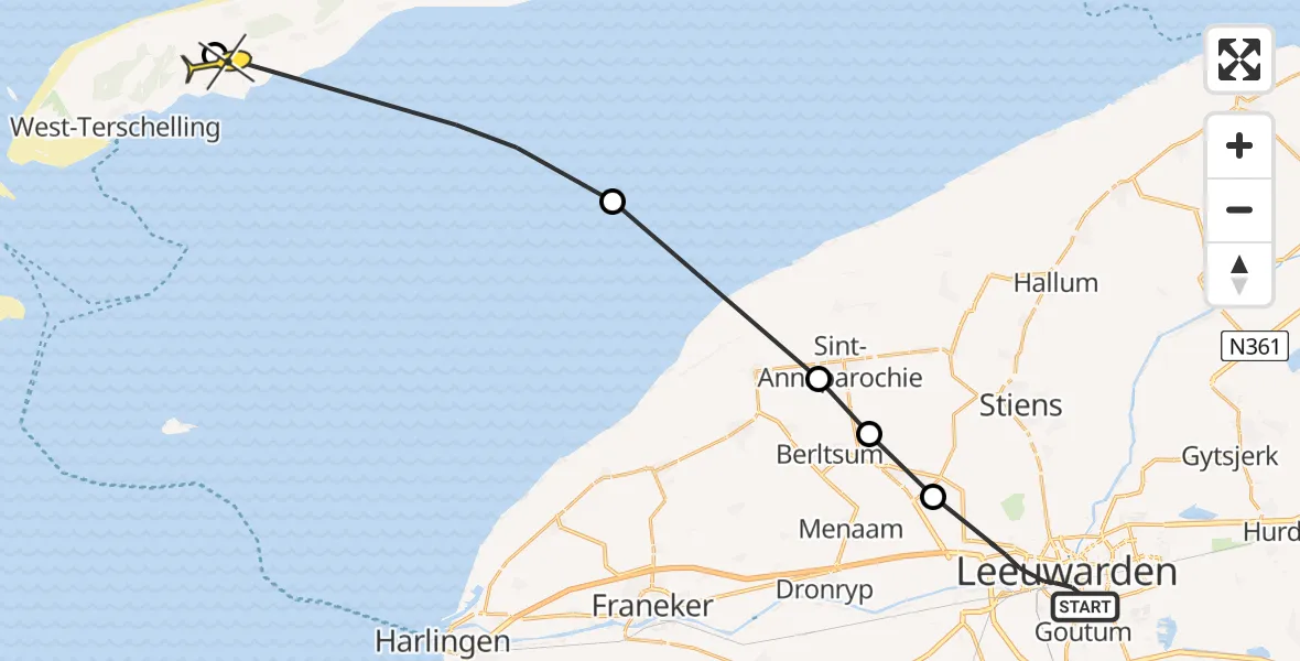 Routekaart van de vlucht: Ambulancehelikopter naar Midsland, Foeke Sjoerdswei