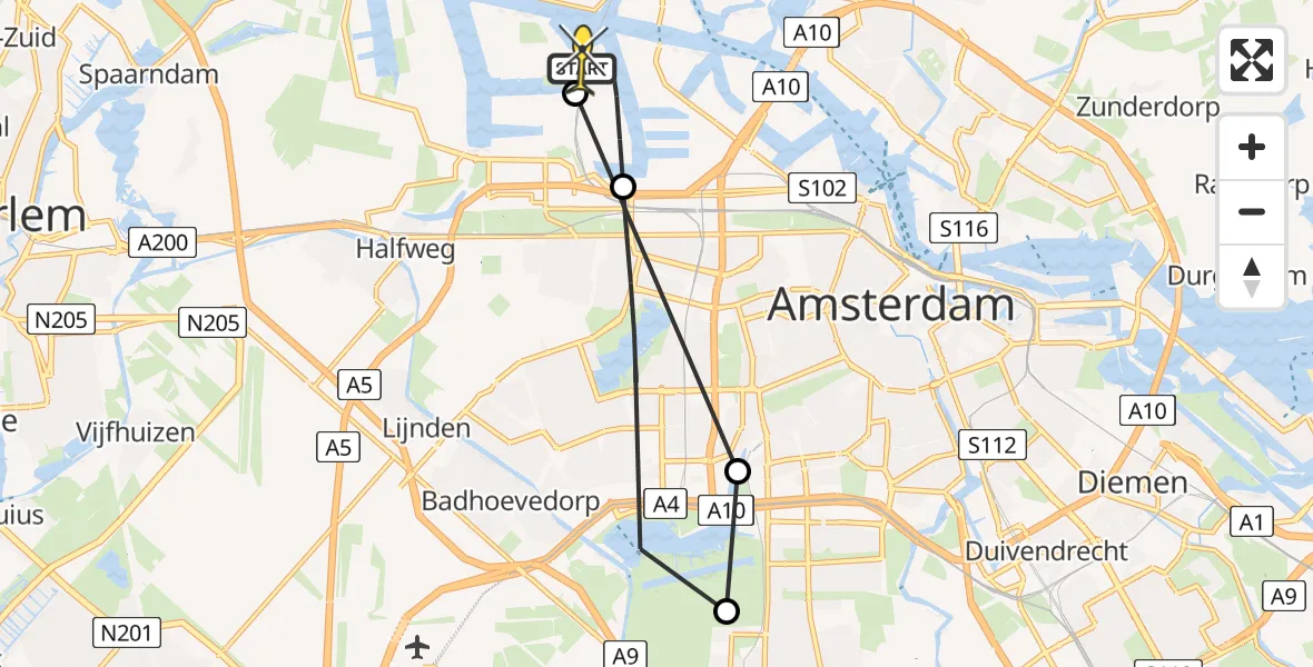 Routekaart van de vlucht: Lifeliner 1 naar Amsterdam Heliport, Westhaven