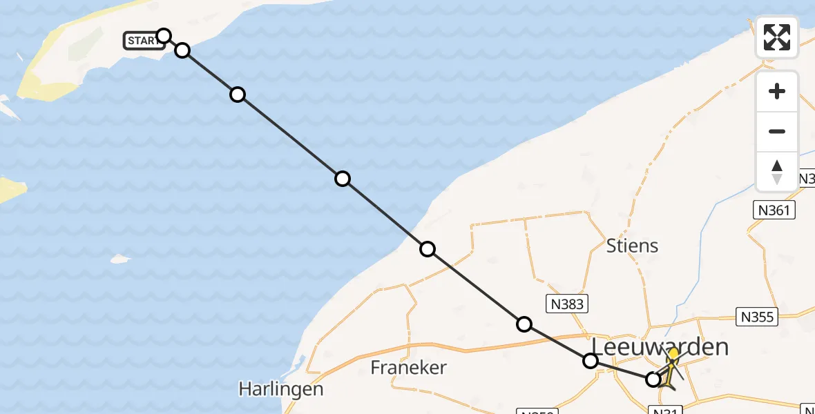 Routekaart van de vlucht: Ambulancehelikopter naar Leeuwarden, Landerum