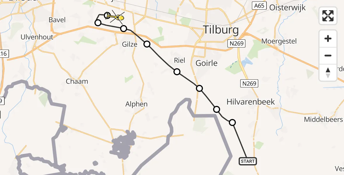 Routekaart van de vlucht: Politieheli naar Vliegbasis Gilze-Rijen, Kempenland-West