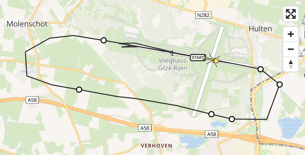Routekaart van de vlucht: Politieheli naar Vliegbasis Gilze-Rijen, Groote Leij