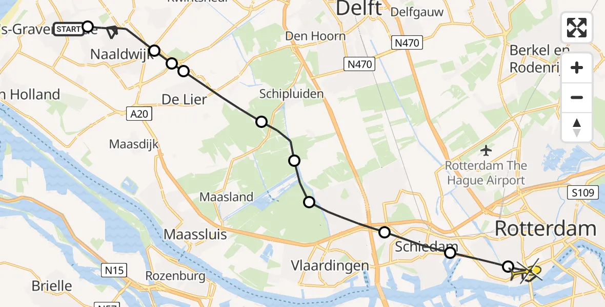 Routekaart van de vlucht: Lifeliner 2 naar Erasmus MC, Grote Achterweg