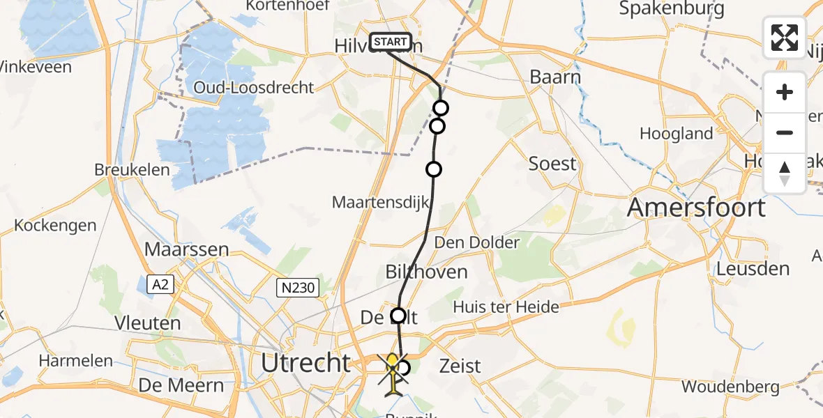 Routekaart van de vlucht: Lifeliner 1 naar Universitair Medisch Centrum Utrecht, Antonie van Leeuwenhoeklaan