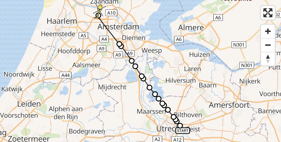 Routekaart van de vlucht: Lifeliner 1 naar Amsterdam Heliport, Biltse Rading