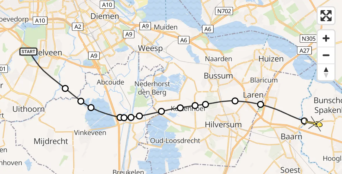 Routekaart van de vlucht: Politiehelikopter naar Baarn, Noorddammerlaan