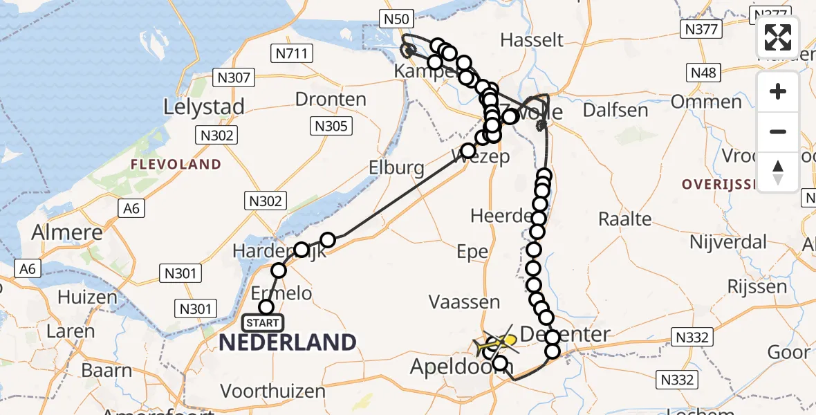 Routekaart van de vlucht: Politieheli naar Vliegveld Teuge, Watervalweg