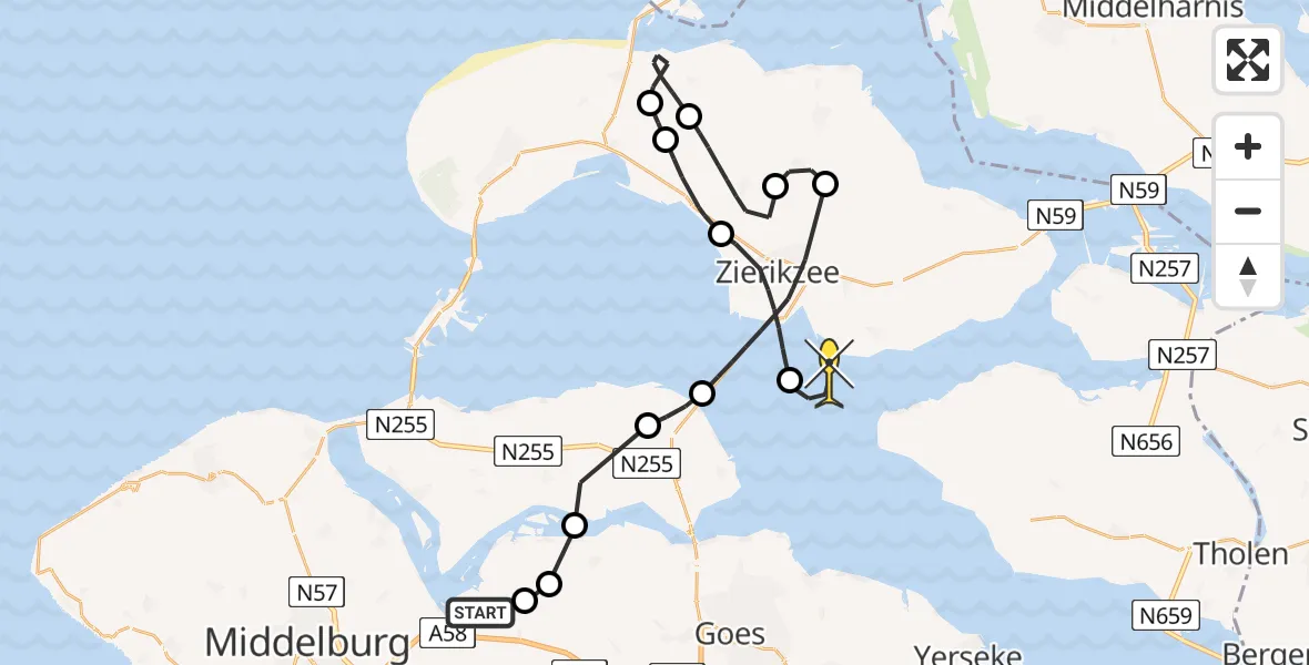Routekaart van de vlucht: Kustwachthelikopter naar Stavenisse, Schelphoekplaat