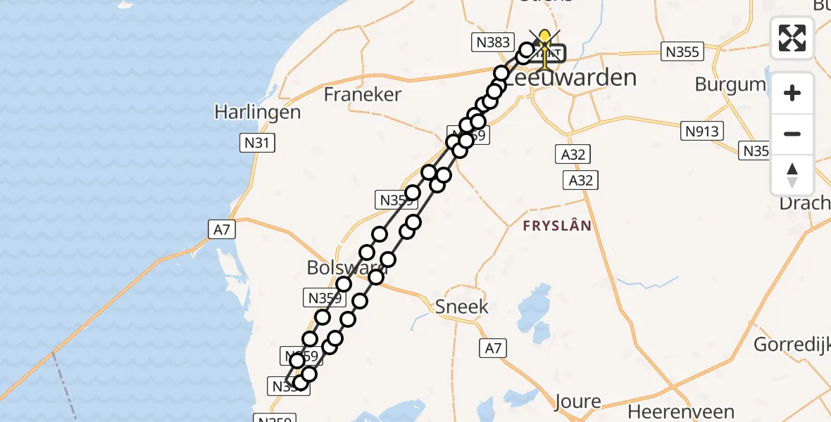 Routekaart van de vlucht: Ambulanceheli naar Vliegbasis Leeuwarden, Keegsdijkje