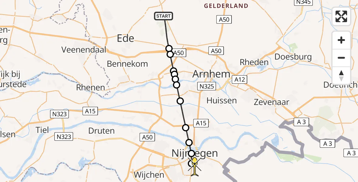 Routekaart van de vlucht: Lifeliner 3 naar Radboud Universitair Medisch Centrum, Lage Veld