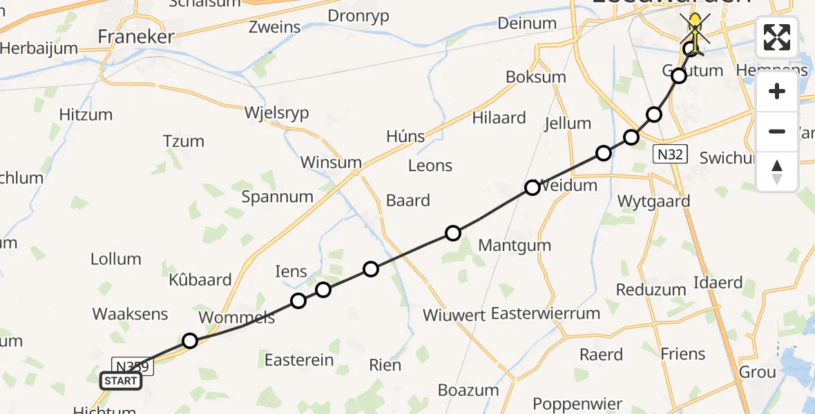 Routekaart van de vlucht: Lifeliner 4 naar Leeuwarden, Westergoawei