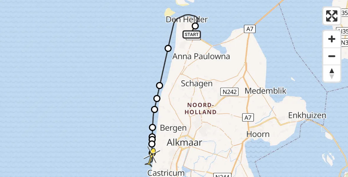 Routekaart van de vlucht: Kustwachthelikopter naar Egmond-Binnen, Oostoeverweg