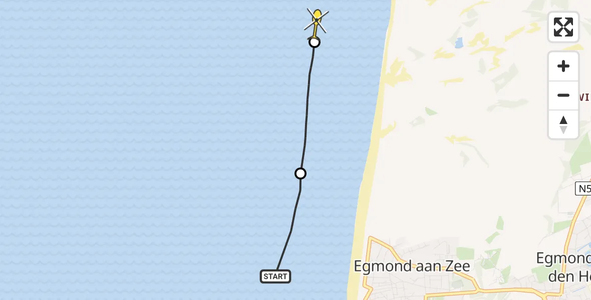 Routekaart van de vlucht: Kustwachthelikopter naar Bergen aan Zee, Strand Egmond aan Zee
