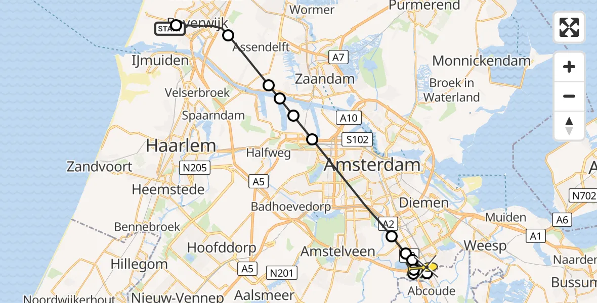 Routekaart van de vlucht: Lifeliner 2 naar Academisch Medisch Centrum (AMC), Zeestraat