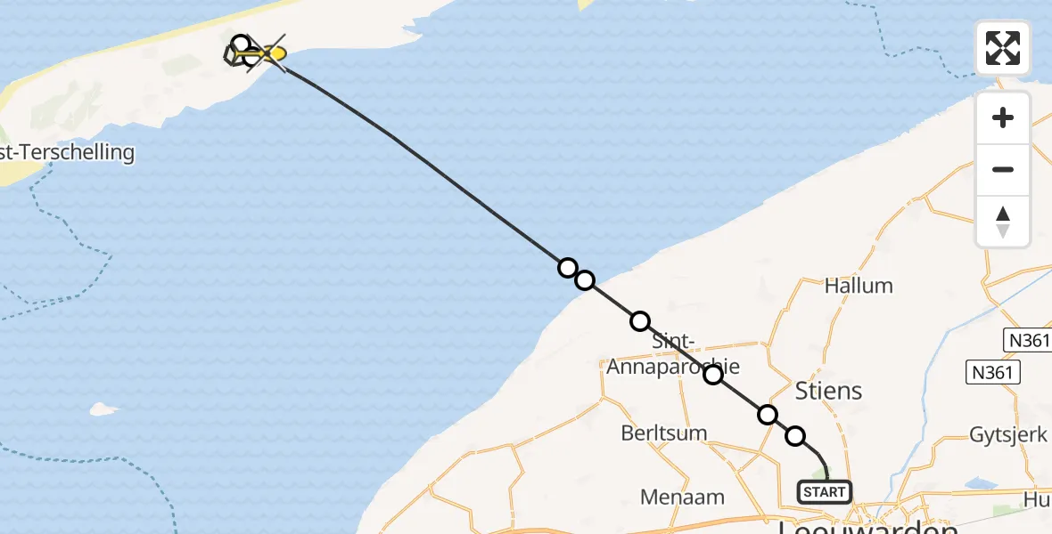 Routekaart van de vlucht: Ambulancehelikopter naar Oosterend, Keegsdijkje