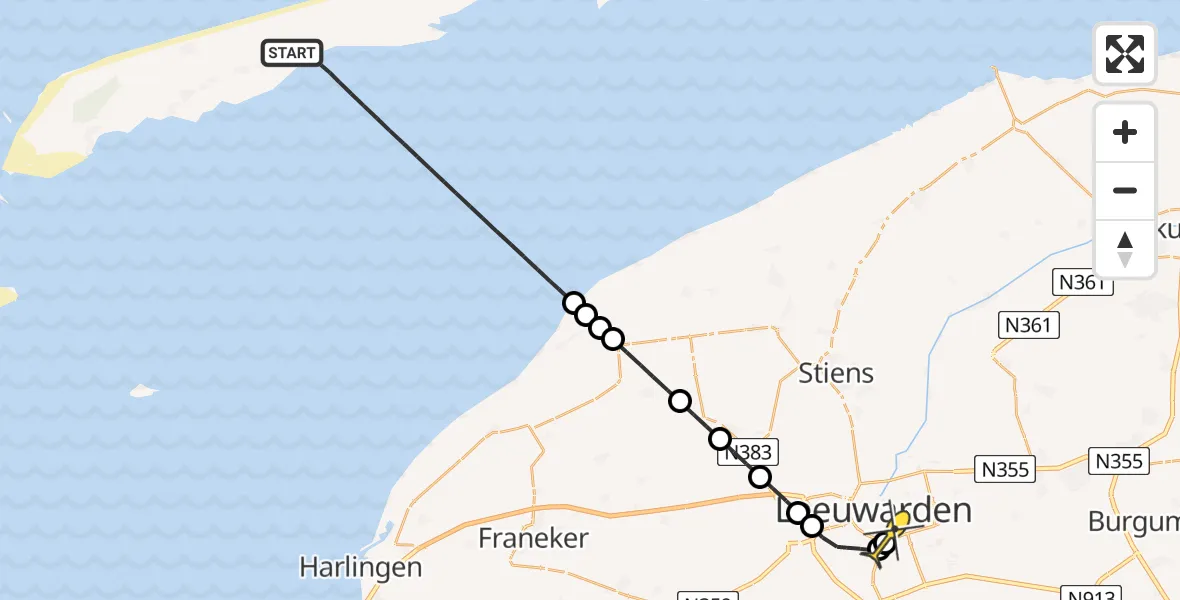 Routekaart van de vlucht: Ambulanceheli naar Leeuwarden, Lancasterdijk