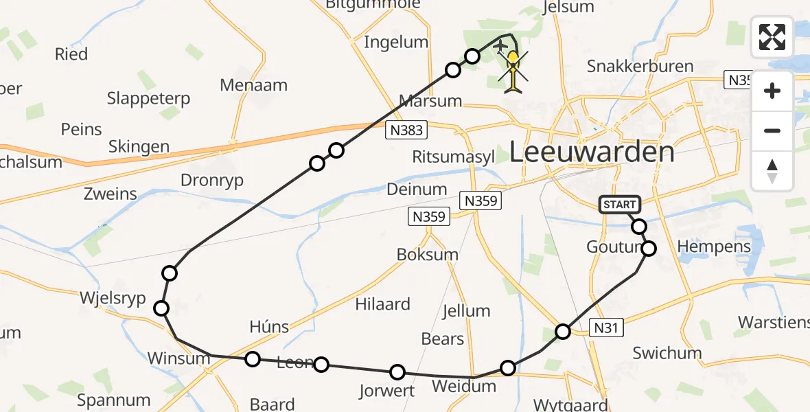 Routekaart van de vlucht: Ambulanceheli naar Vliegbasis Leeuwarden, De Pôlle