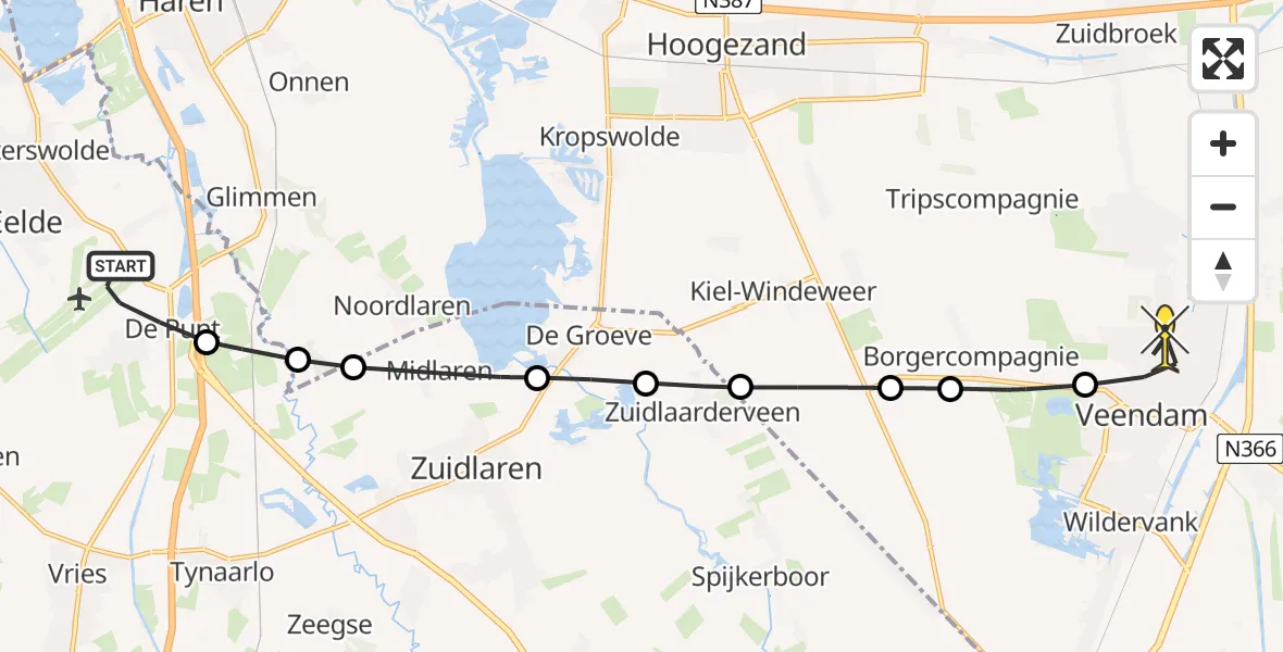 Routekaart van de vlucht: Lifeliner 4 naar Veendam, Oosterveldweg