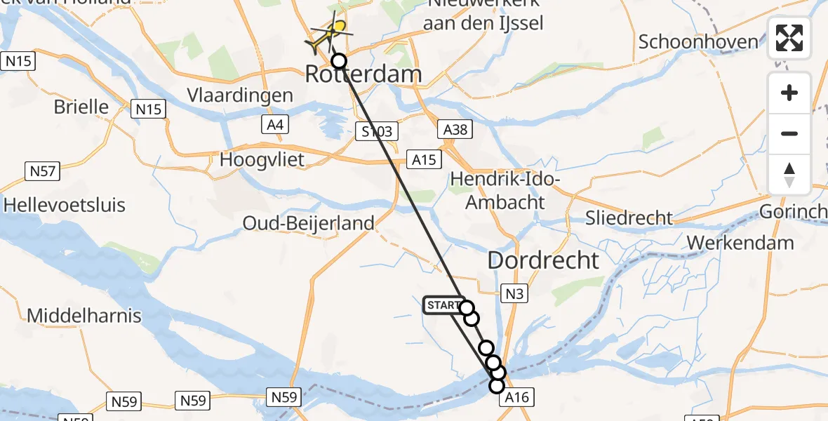 Routekaart van de vlucht: Lifeliner 2 naar Rotterdam The Hague Airport, Zwaluwsedijk