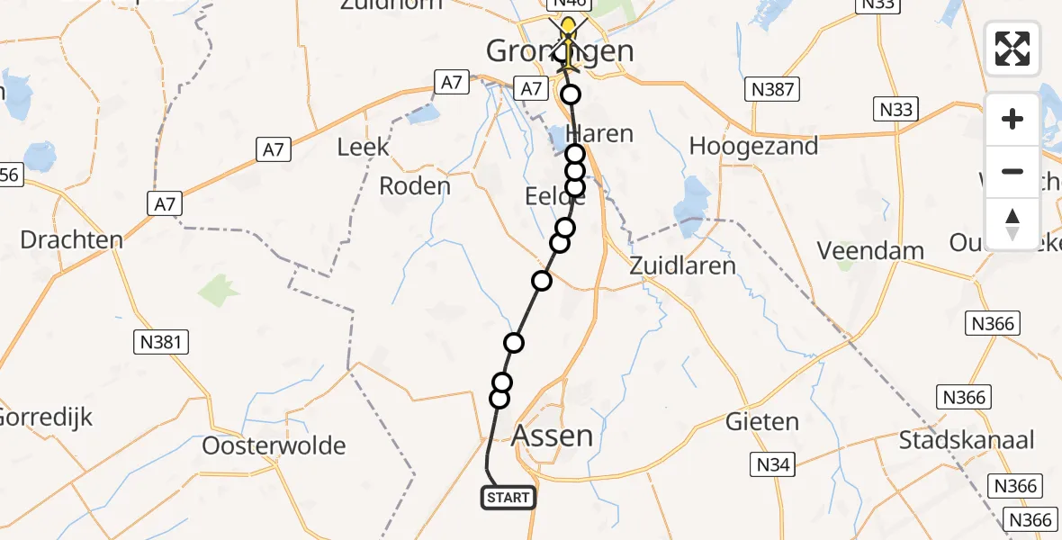 Routekaart van de vlucht: Lifeliner 4 naar Universitair Medisch Centrum Groningen, Hoofdvaartsweg
