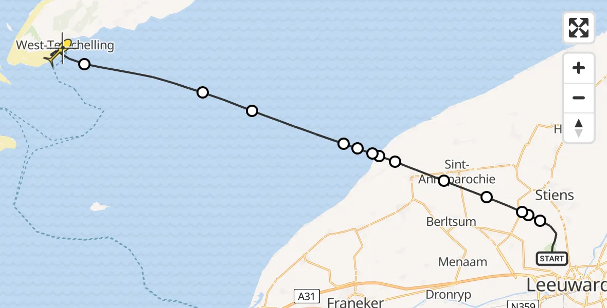 Routekaart van de vlucht: Ambulanceheli naar West-Terschelling, Keegsdijkje